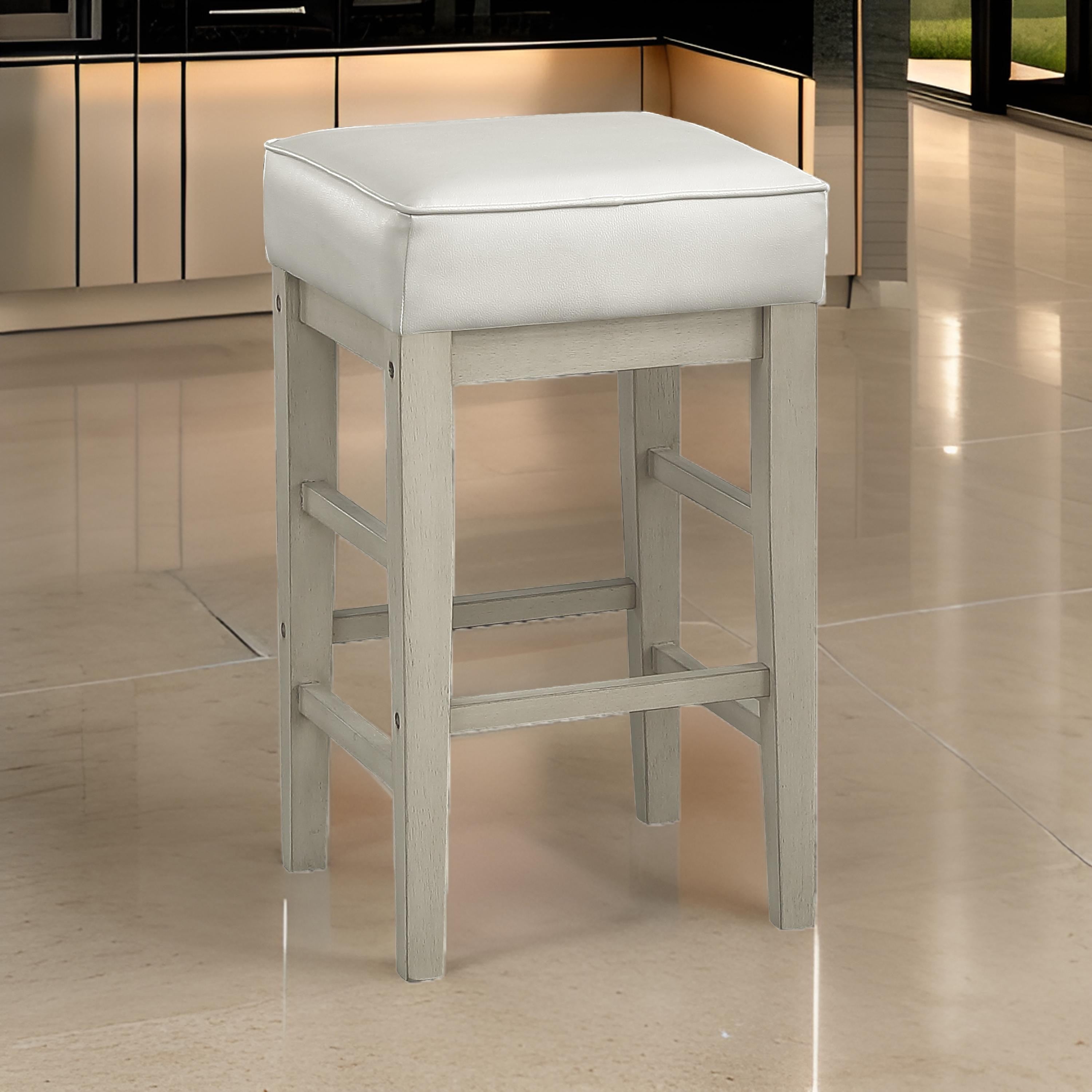 Benjara Vin 26 Inch Counter Height Stool, White Faux Leather Seat, Wood, Set of 2