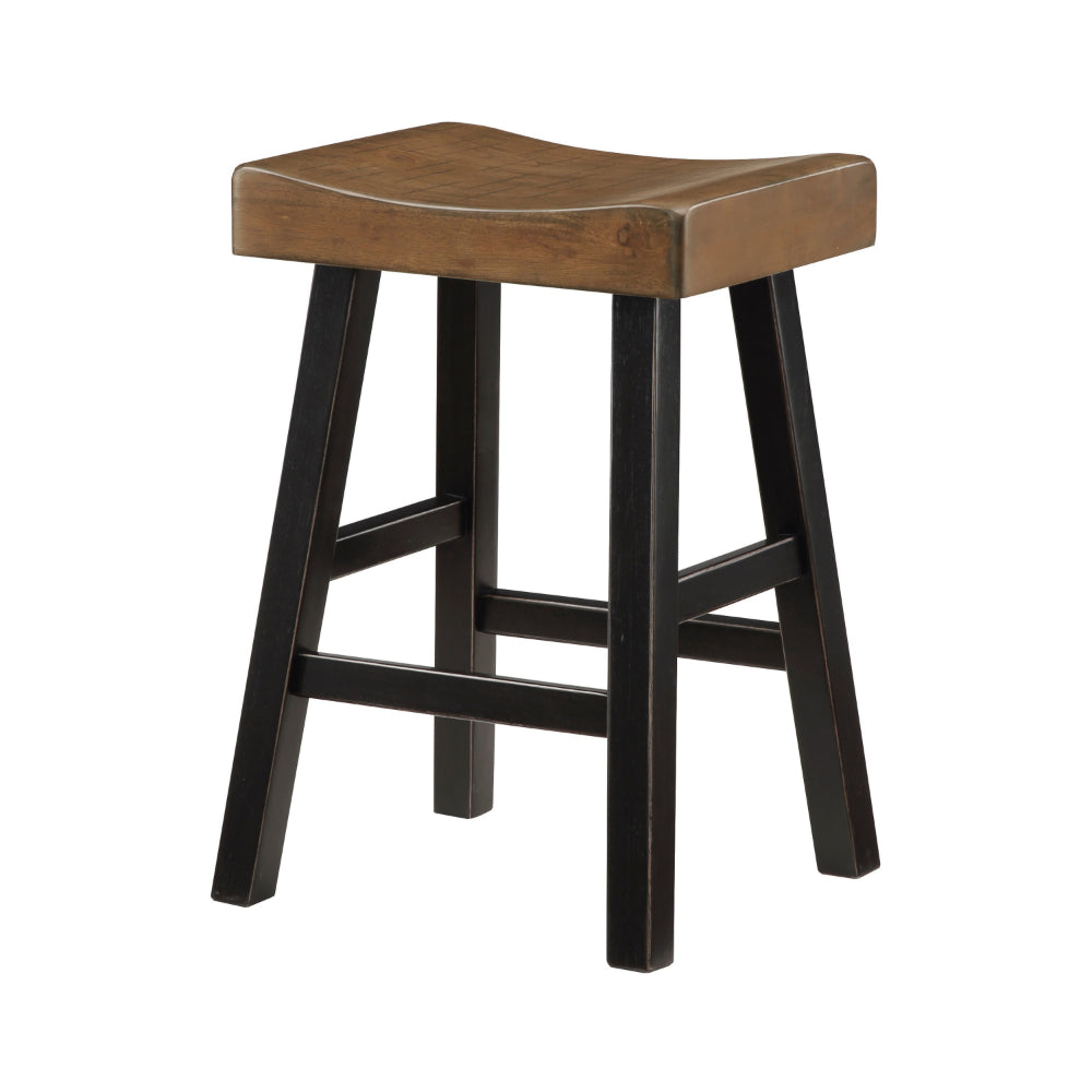 Benjara Casy 25 Inch Counter Height Stool, Brown Saddle Seat, Black, Set of 2