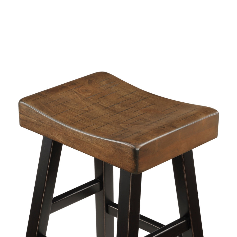 Benjara Casy 25 Inch Counter Height Stool, Brown Saddle Seat, Black, Set of 2
