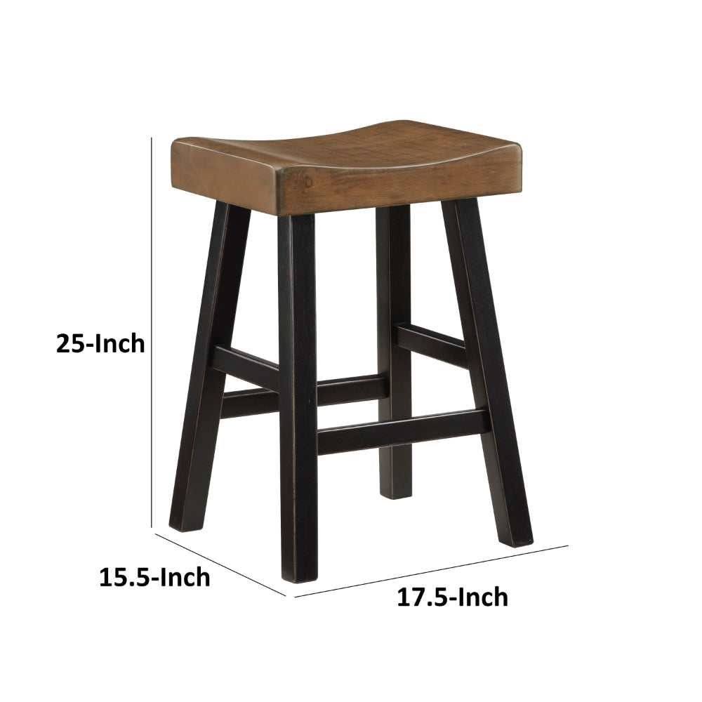 Benjara Casy 25 Inch Counter Height Stool, Brown Saddle Seat, Black, Set of 2