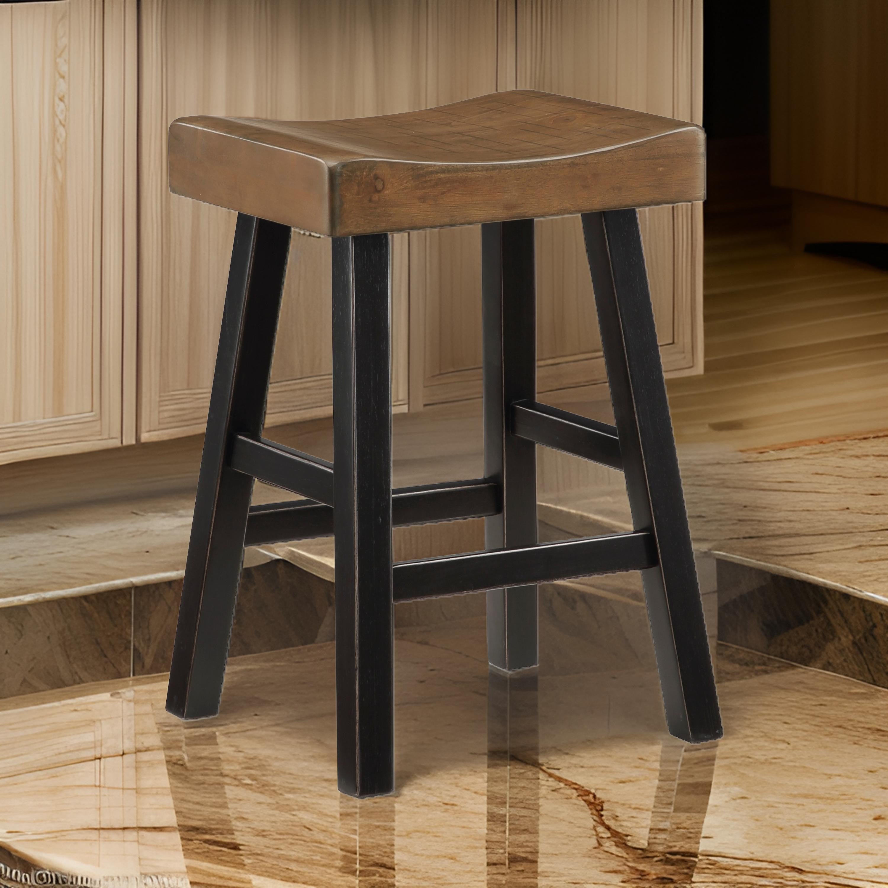 Benjara Casy 25 Inch Counter Height Stool, Brown Saddle Seat, Black, Set of 2