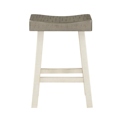 Benjara Casy 25 Inch Counter Height Stool, Saddle Seat, White Rubberwood, Set of 2