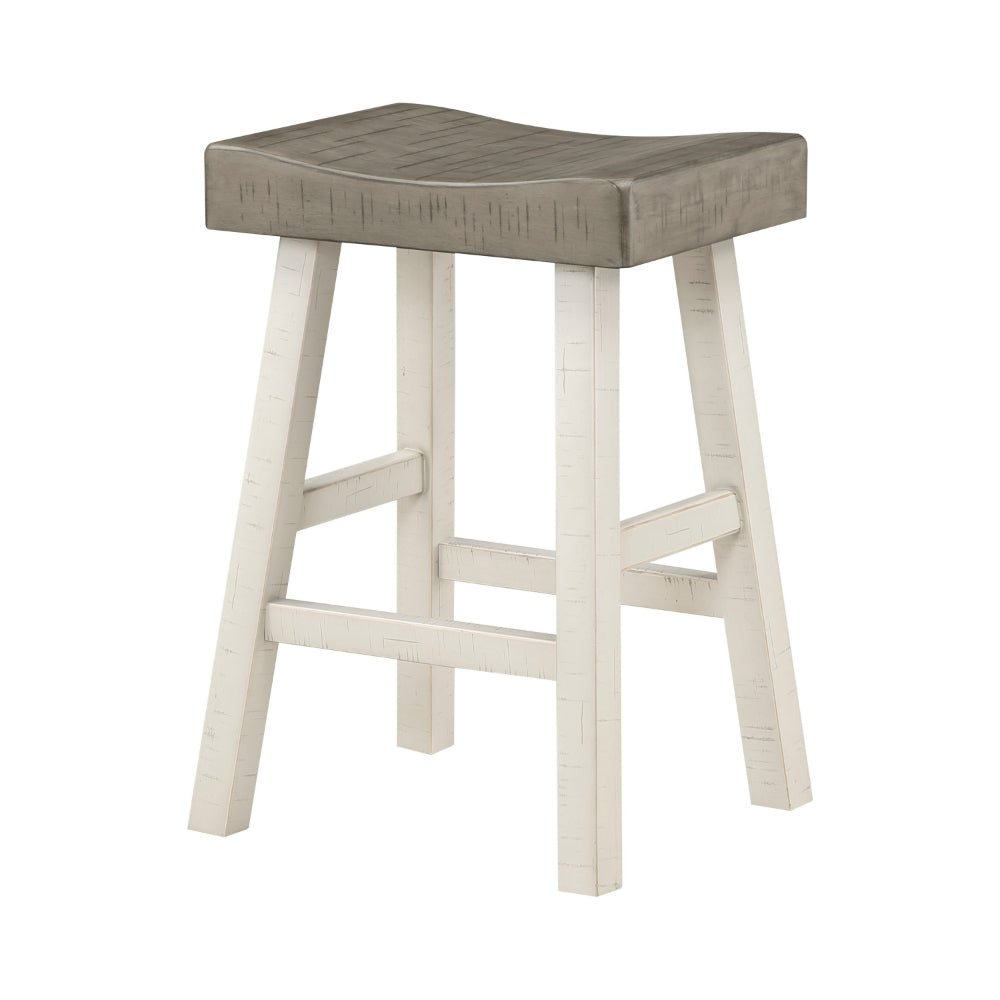Benjara Casy 25 Inch Counter Height Stool, Saddle Seat, White Rubberwood, Set of 2