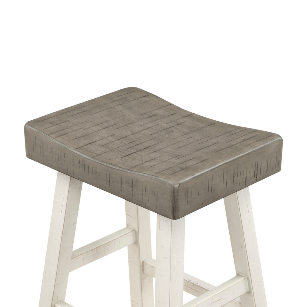 Benjara Casy 25 Inch Counter Height Stool, Saddle Seat, White Rubberwood, Set of 2