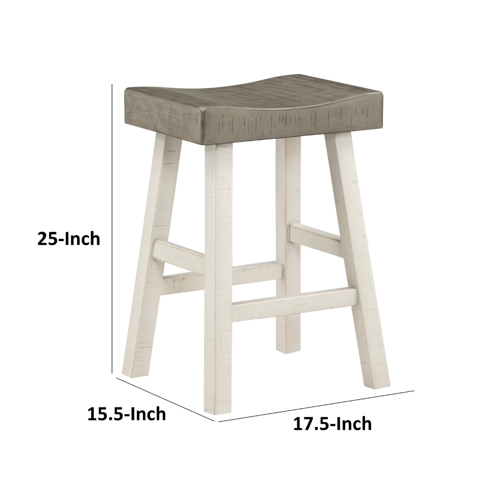 Benjara Casy 25 Inch Counter Height Stool, Saddle Seat, White Rubberwood, Set of 2