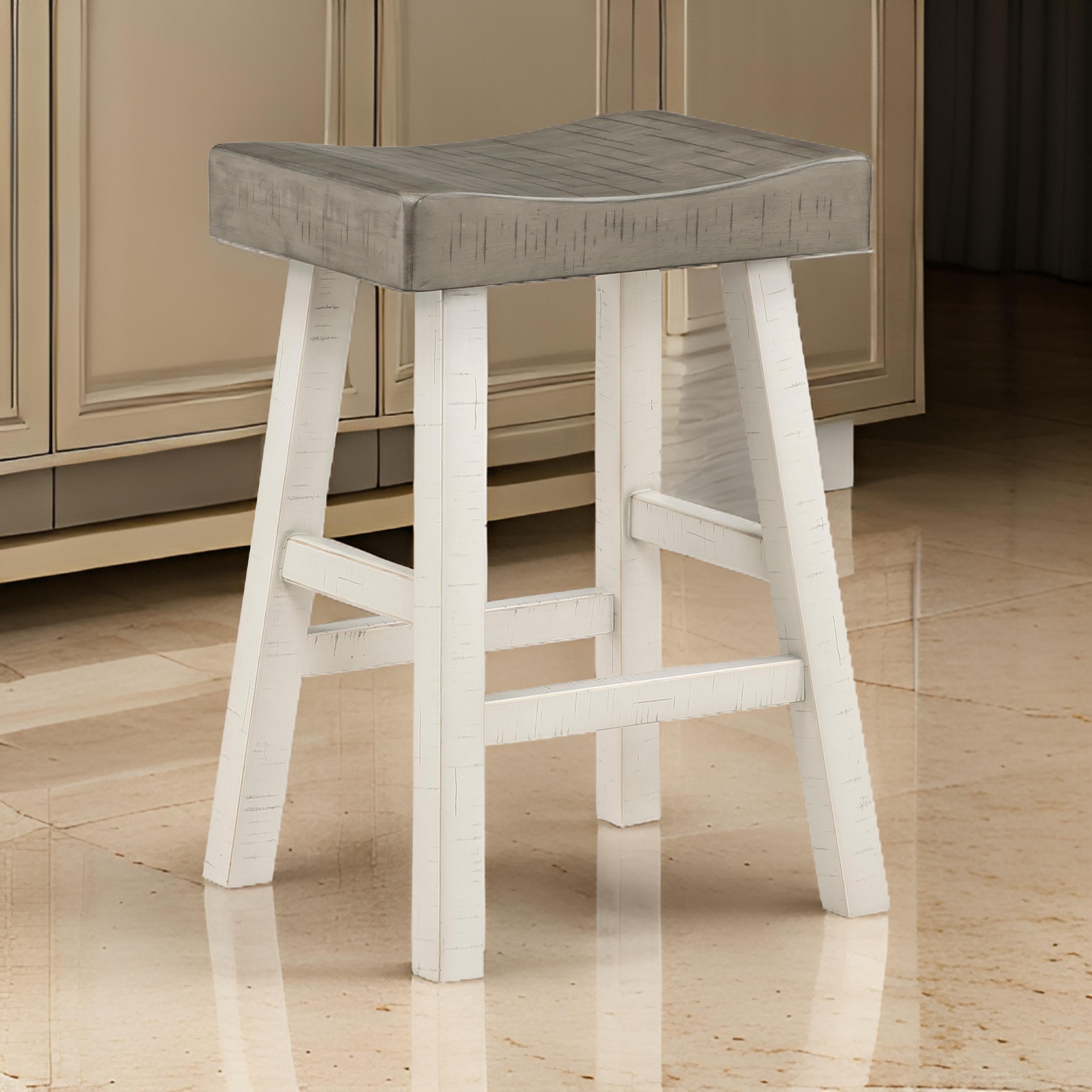 Benjara Casy 25 Inch Counter Height Stool, Saddle Seat, White Rubberwood, Set of 2