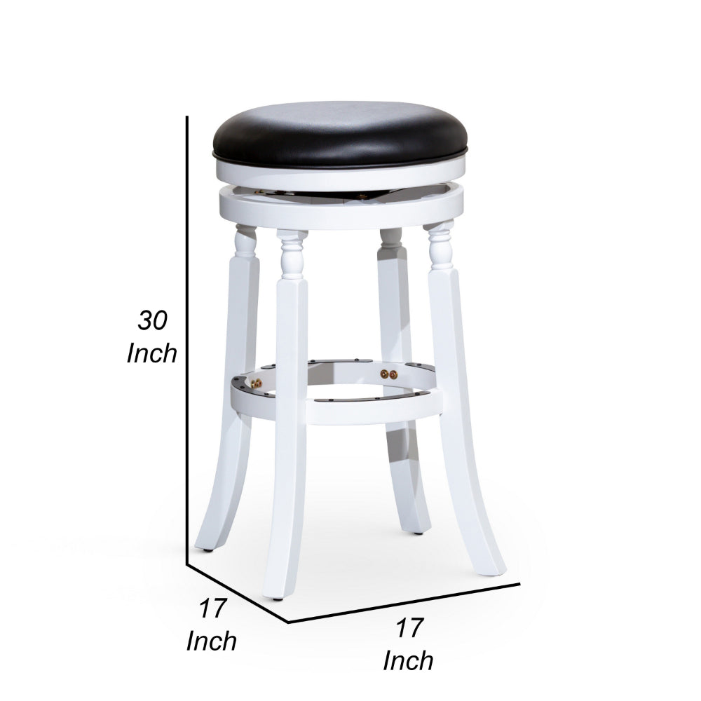 Benjara Opi 30 Inch Swivel Barstool, Round Cushioned Seat, White Finish, Black