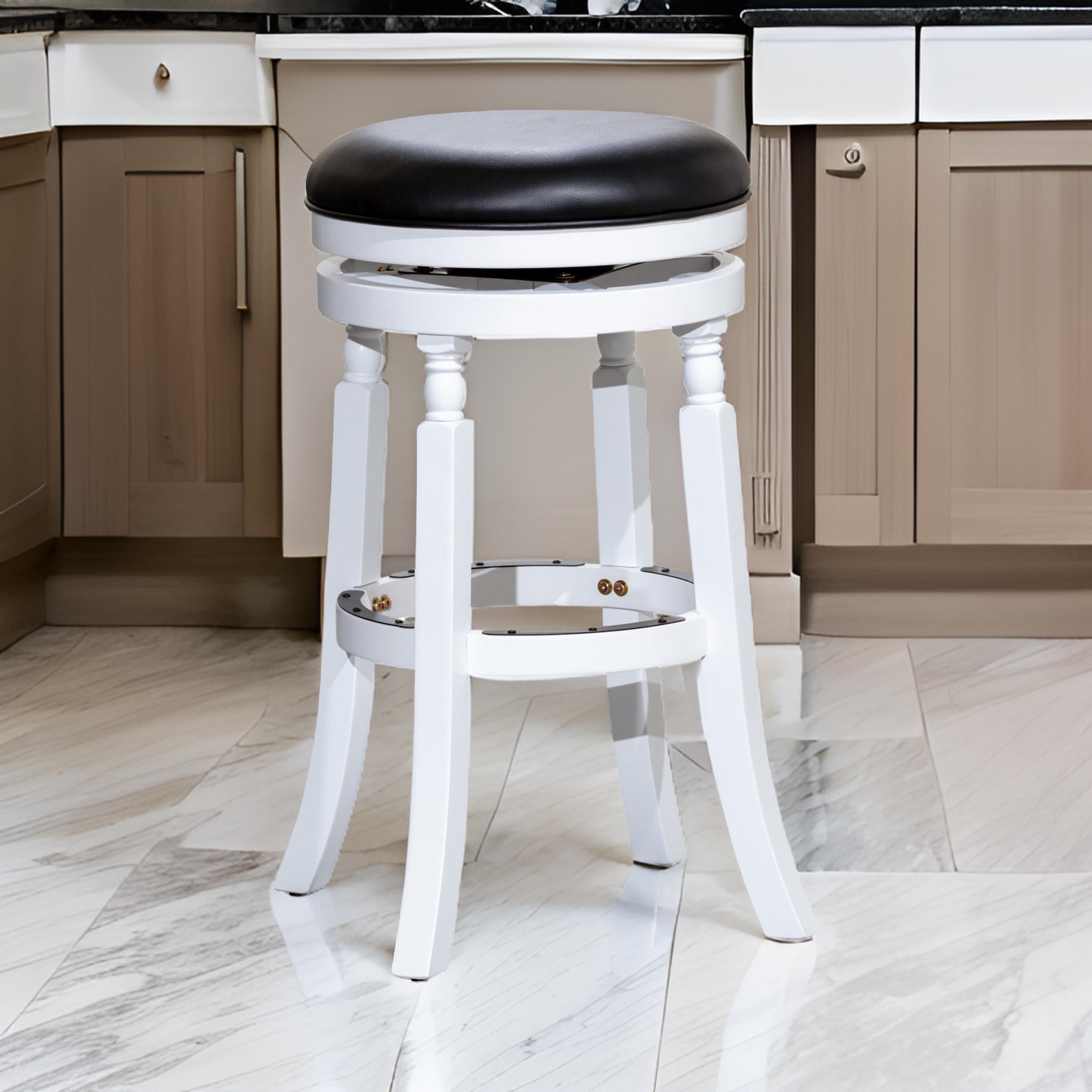Benjara Opi 30 Inch Swivel Barstool, Round Cushioned Seat, White Finish, Black