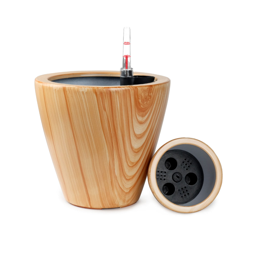 Benjara 10 Inch Self Watering Planter Set of 2, Round Shaped Pot, Natural Brown