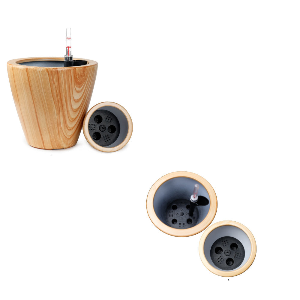 Benjara 10 Inch Self Watering Planter Set of 2, Round Shaped Pot, Natural Brown