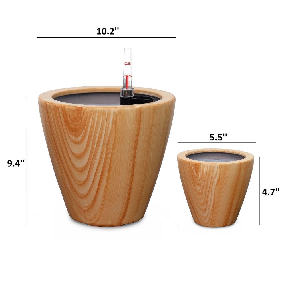 Benjara 10 Inch Self Watering Planter Set of 2, Round Shaped Pot, Natural Brown