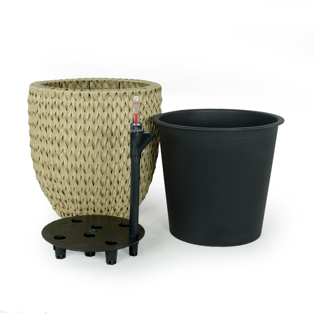 Benjara Wiki 11 Inch Self Watering Planter, Handwoven Rattan Wicker, Beige