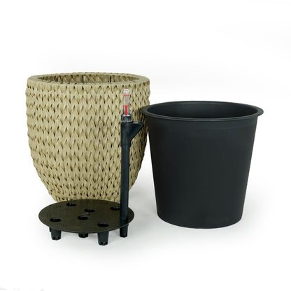 Benjara Wiki 11 Inch Self Watering Planter, Handwoven Rattan Wicker, Beige
