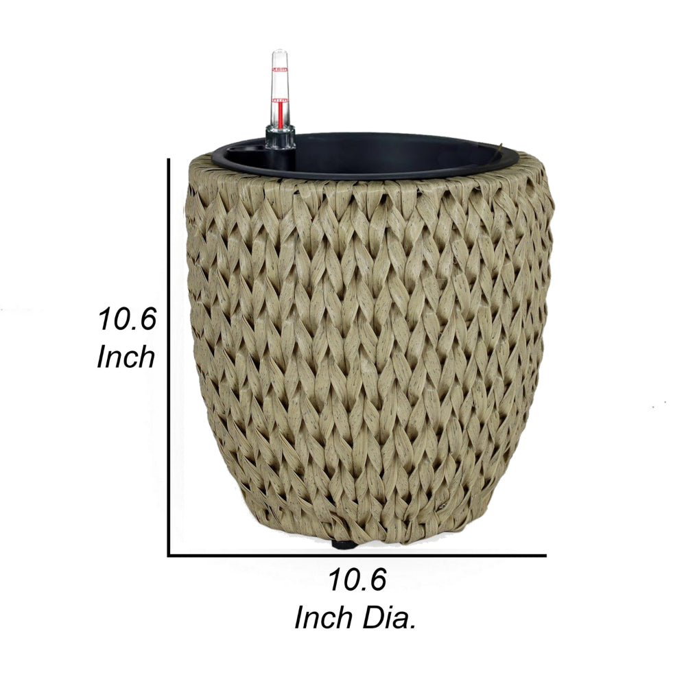 Benjara Wiki 11 Inch Self Watering Planter, Handwoven Rattan Wicker, Beige