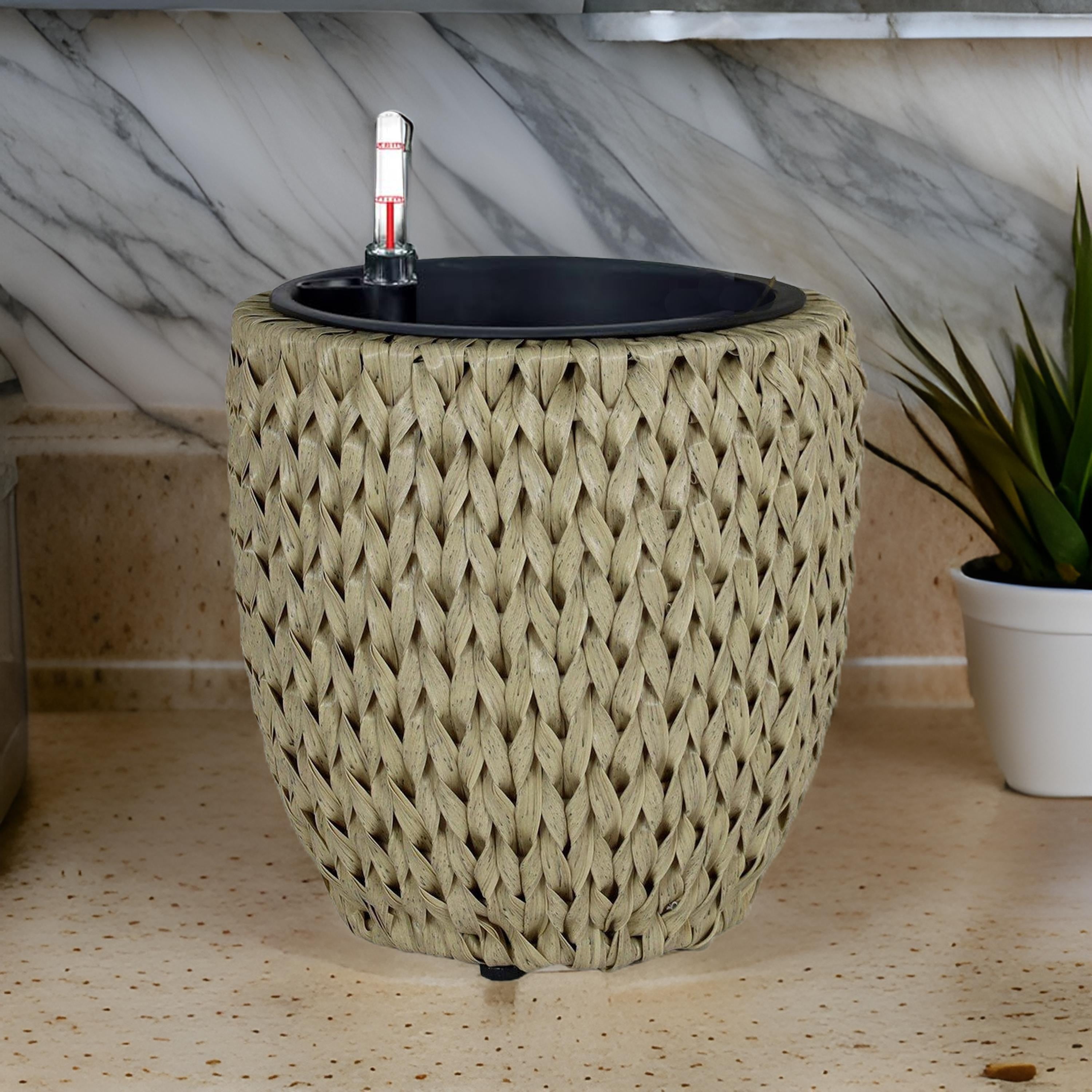Benjara Wiki 11 Inch Self Watering Planter, Handwoven Rattan Wicker, Beige