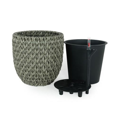 Benjara Wiki 15 Inch Self Watering Planter, Handwoven Rattan Wicker, Gray