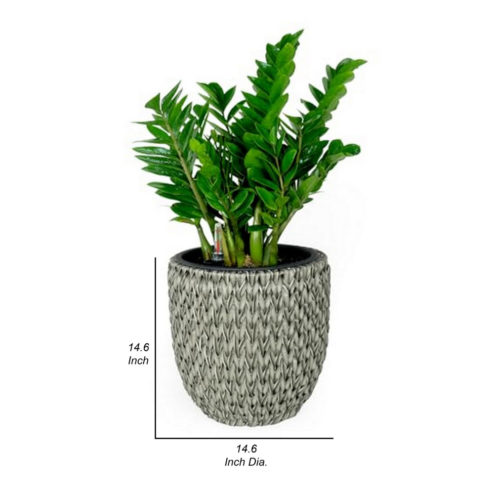 Benjara Wiki 15 Inch Self Watering Planter, Handwoven Rattan Wicker, Gray