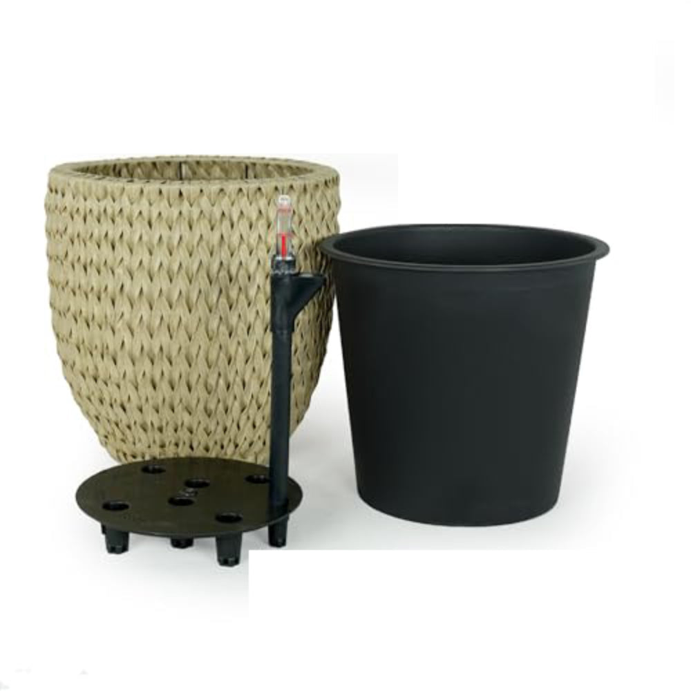 Benjara Wiki 15 Inch Self Watering Planter, Handwoven Rattan Wicker, Beige