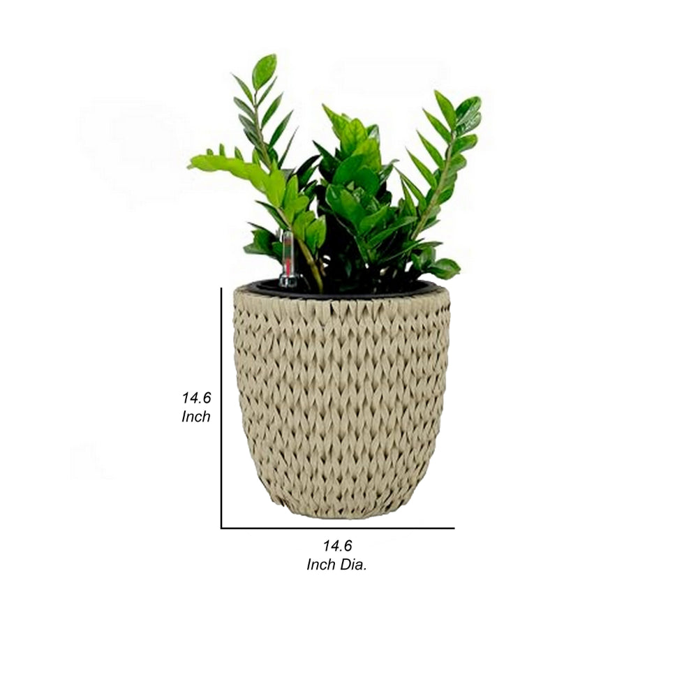 Benjara Wiki 15 Inch Self Watering Planter, Handwoven Rattan Wicker, Beige