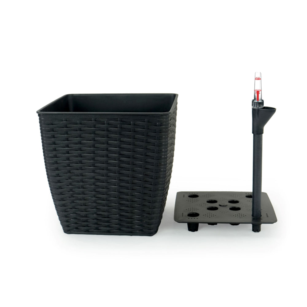 Benjara Self Watering Planter Set of 2, Handwoven Rattan Wicker, Dark Gray