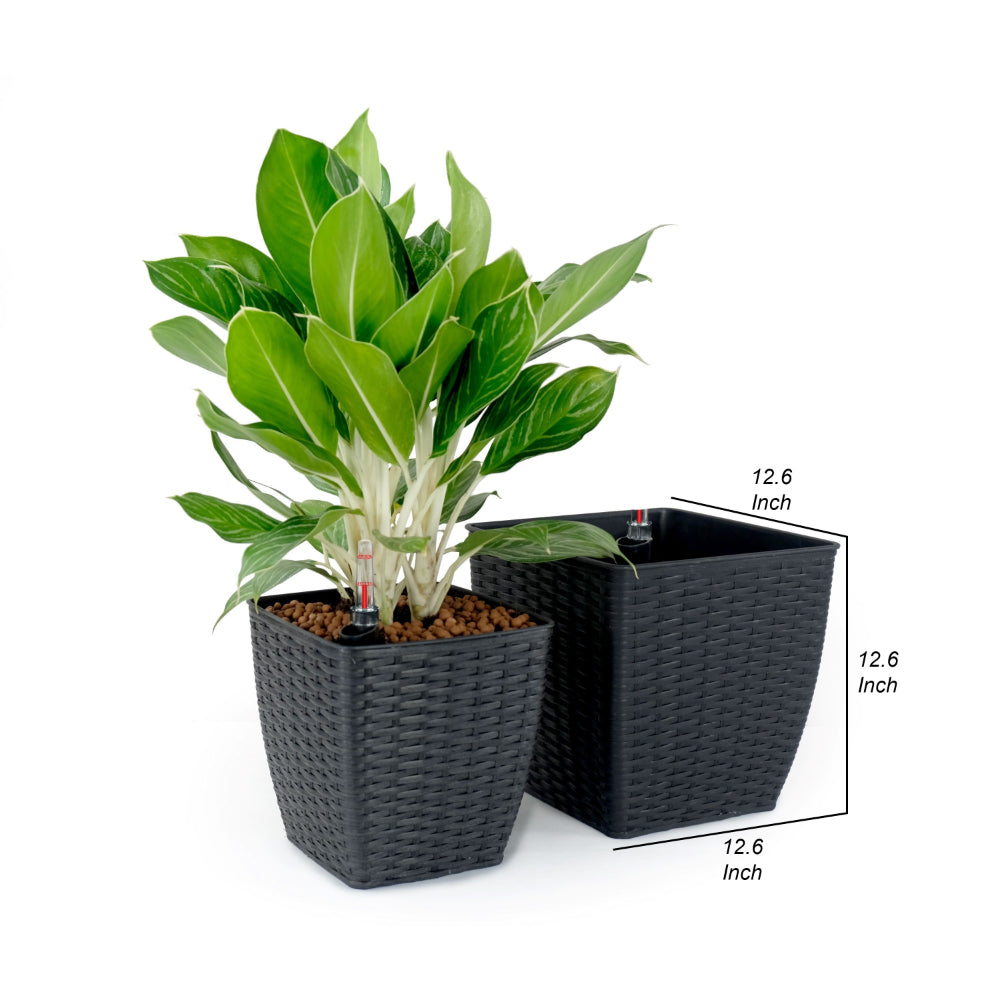 Benjara Self Watering Planter Set of 2, Handwoven Rattan Wicker, Dark Gray