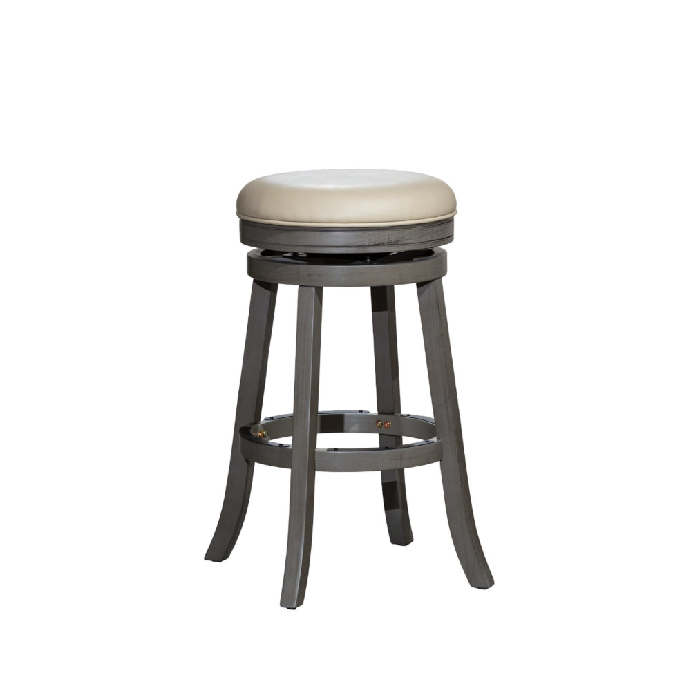 Benjara Opi 30 Inch Swivel Barstool, Round, Weathered Gray Faux Leather And Wood