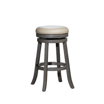 Benjara Opi 30 Inch Swivel Barstool, Round, Weathered Gray Faux Leather And Wood