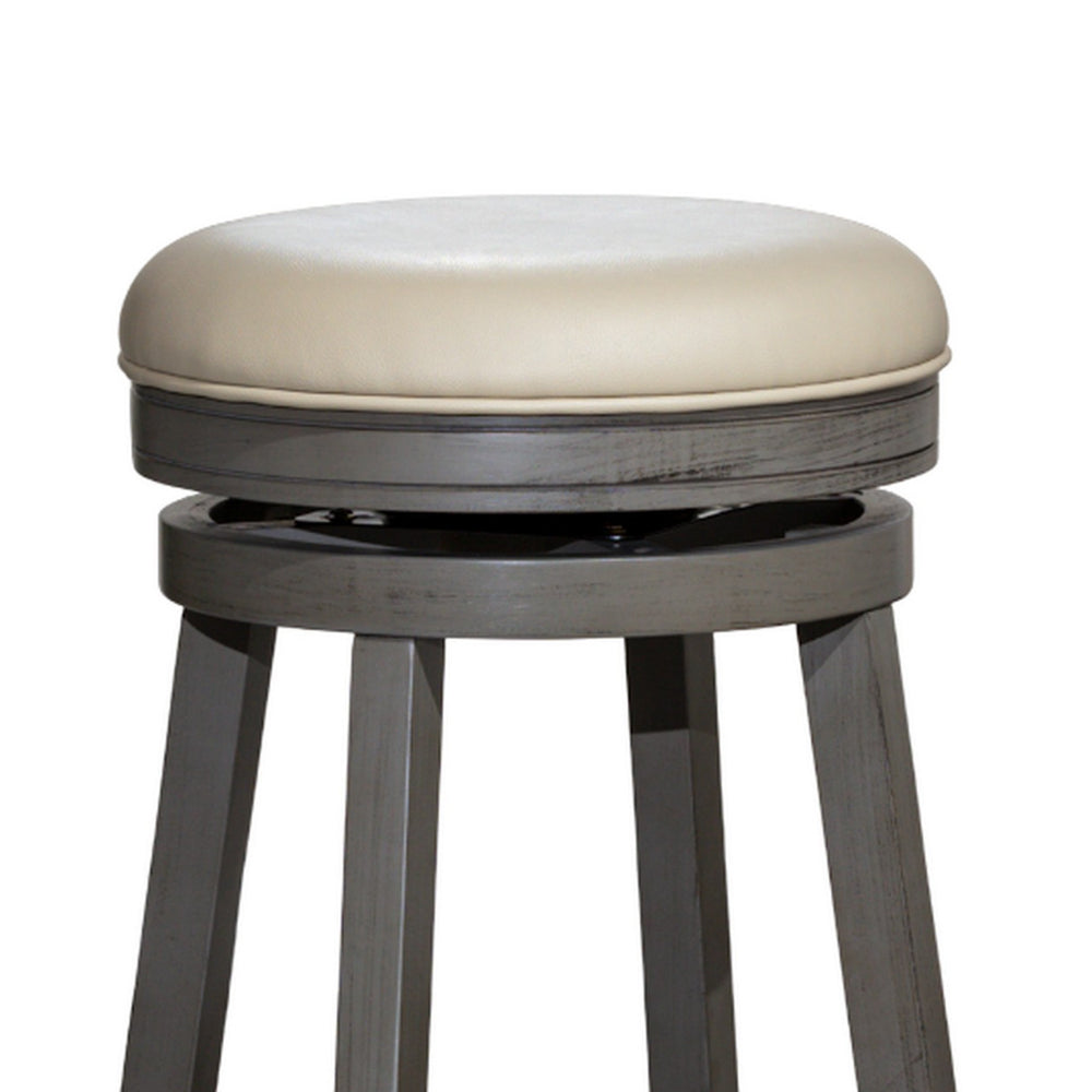 Benjara Opi 30 Inch Swivel Barstool, Round, Weathered Gray Faux Leather And Wood
