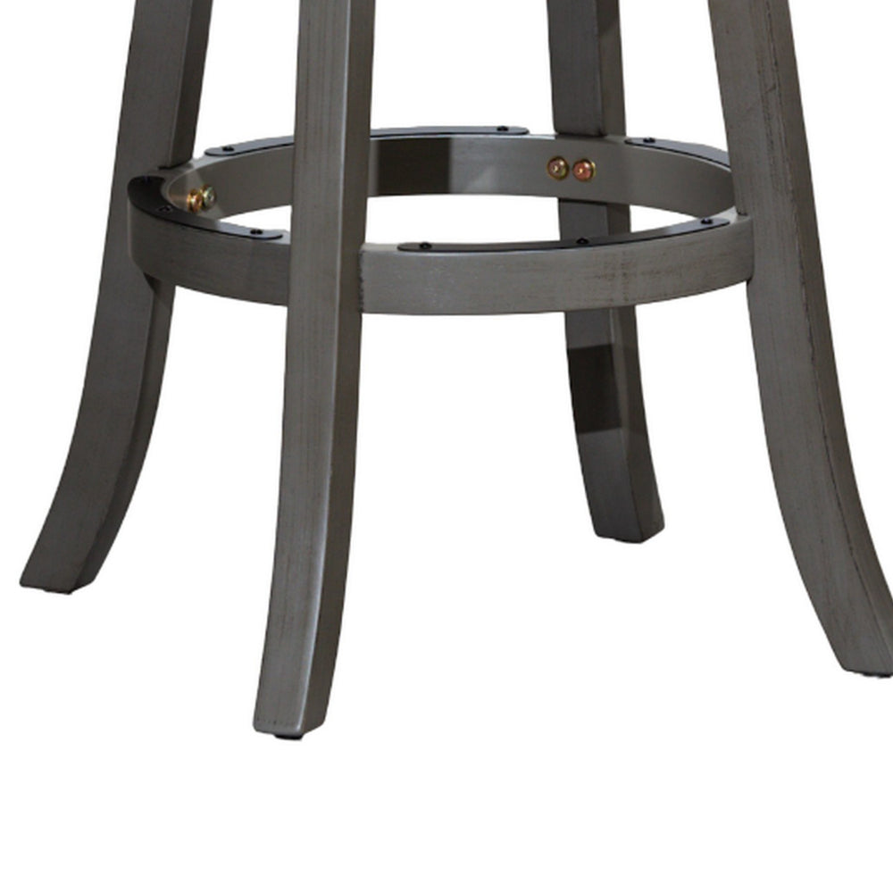 Benjara Opi 30 Inch Swivel Barstool, Round, Weathered Gray Faux Leather And Wood