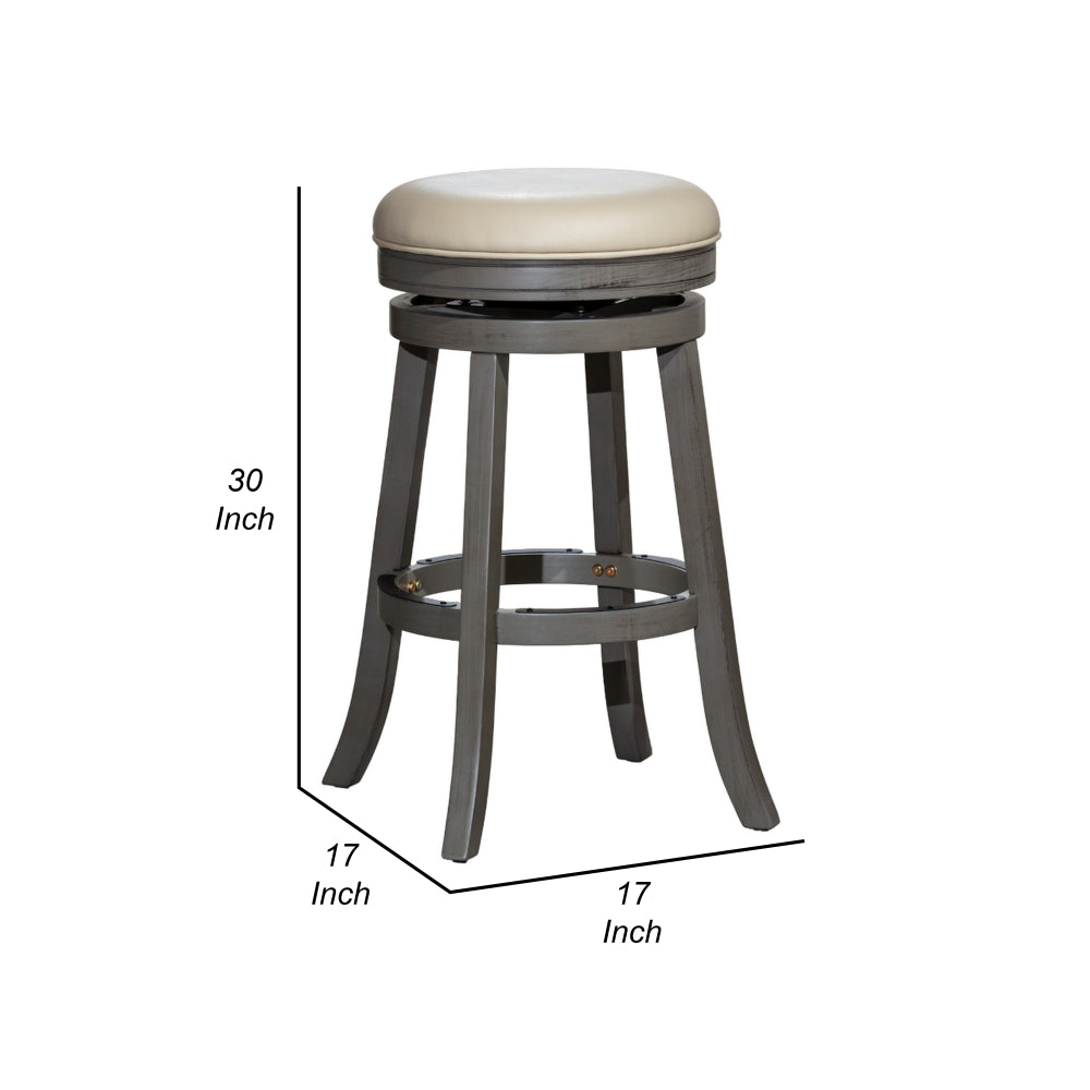 Benjara Opi 30 Inch Swivel Barstool, Round, Weathered Gray Faux Leather And Wood