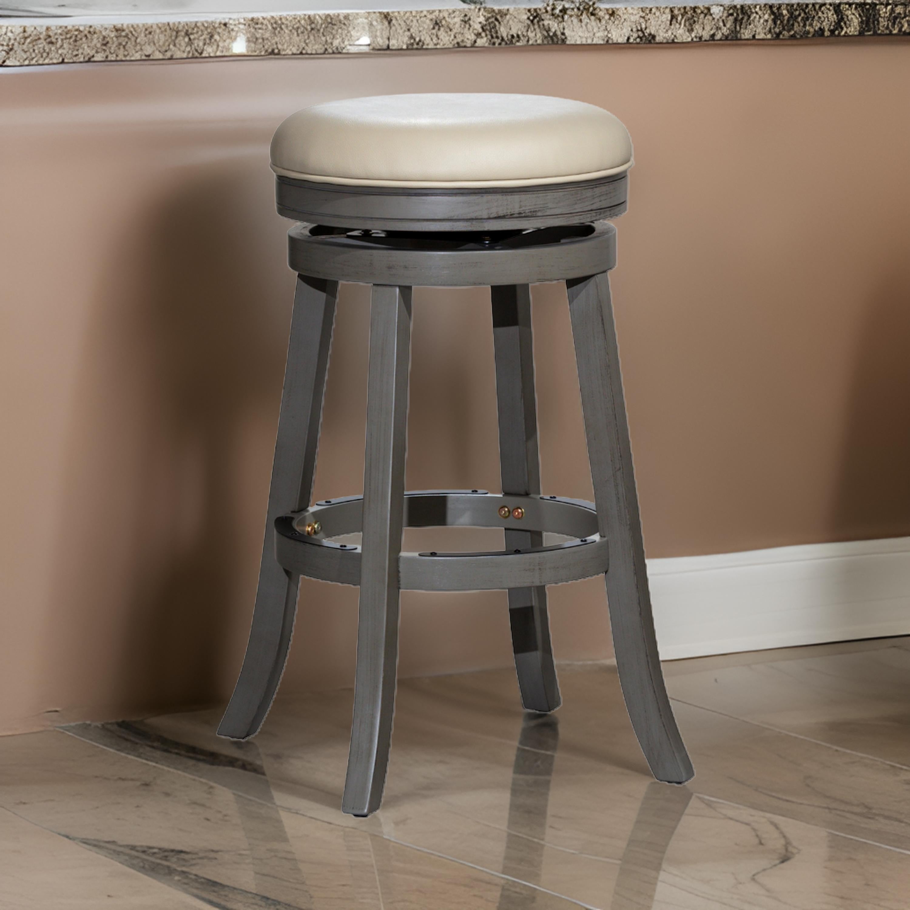 Benjara Opi 30 Inch Swivel Barstool, Round, Weathered Gray Faux Leather And Wood