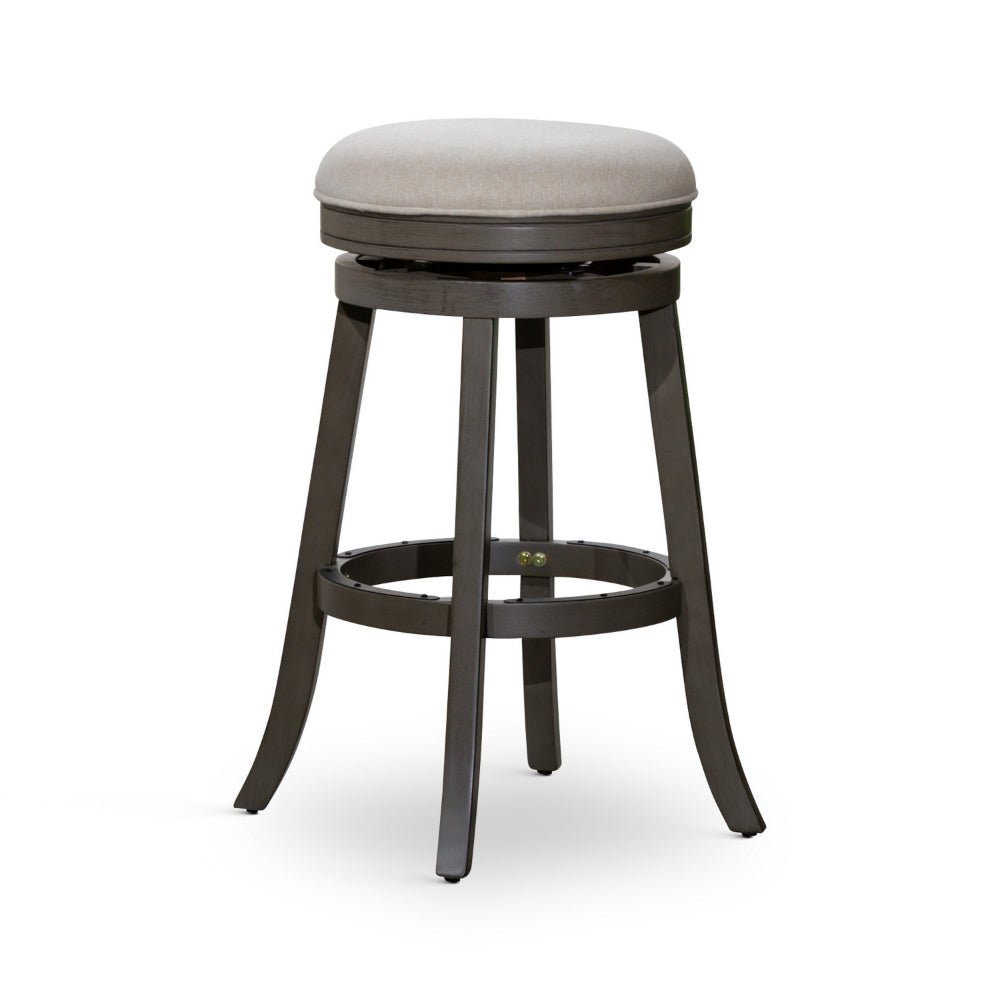 Benjara Opi 30 Inch Swivel Barstool, Round Cushioned Seat, Weathered Gray, Beige