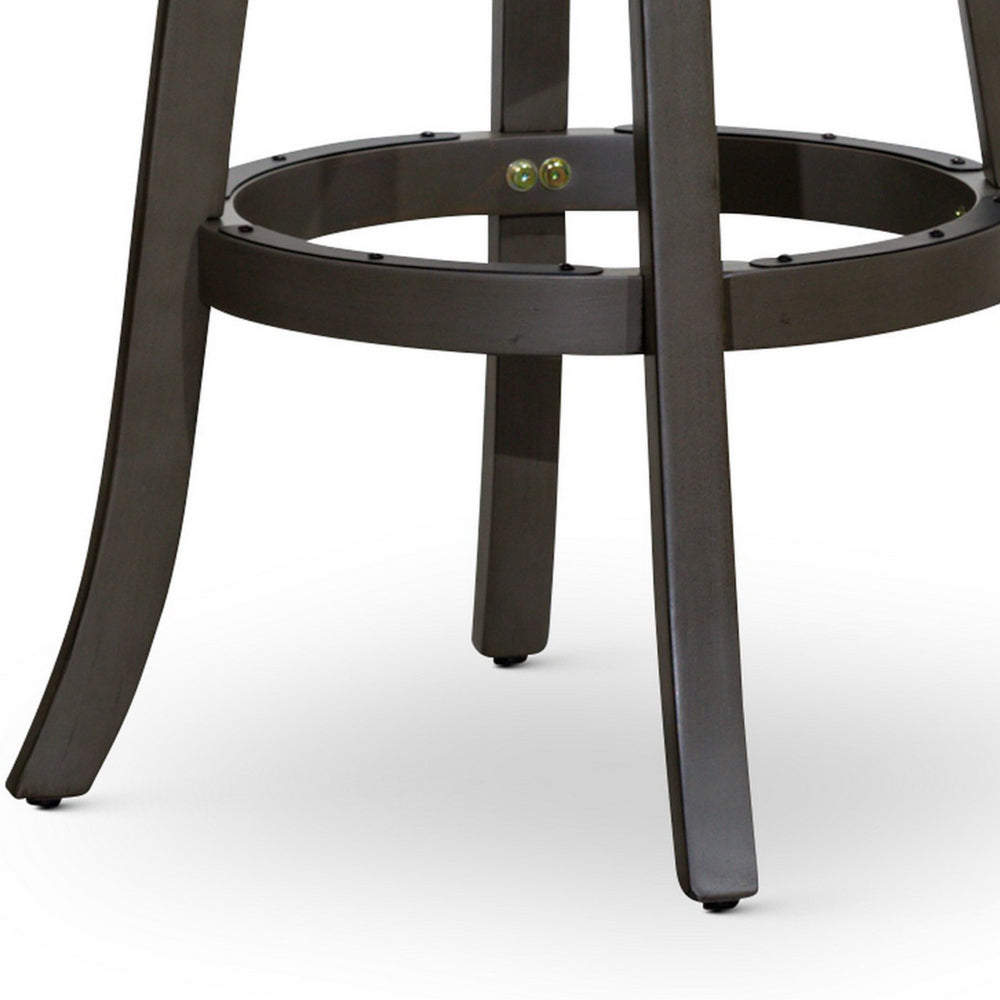 Benjara Opi 30 Inch Swivel Barstool, Round Cushioned Seat, Weathered Gray, Beige