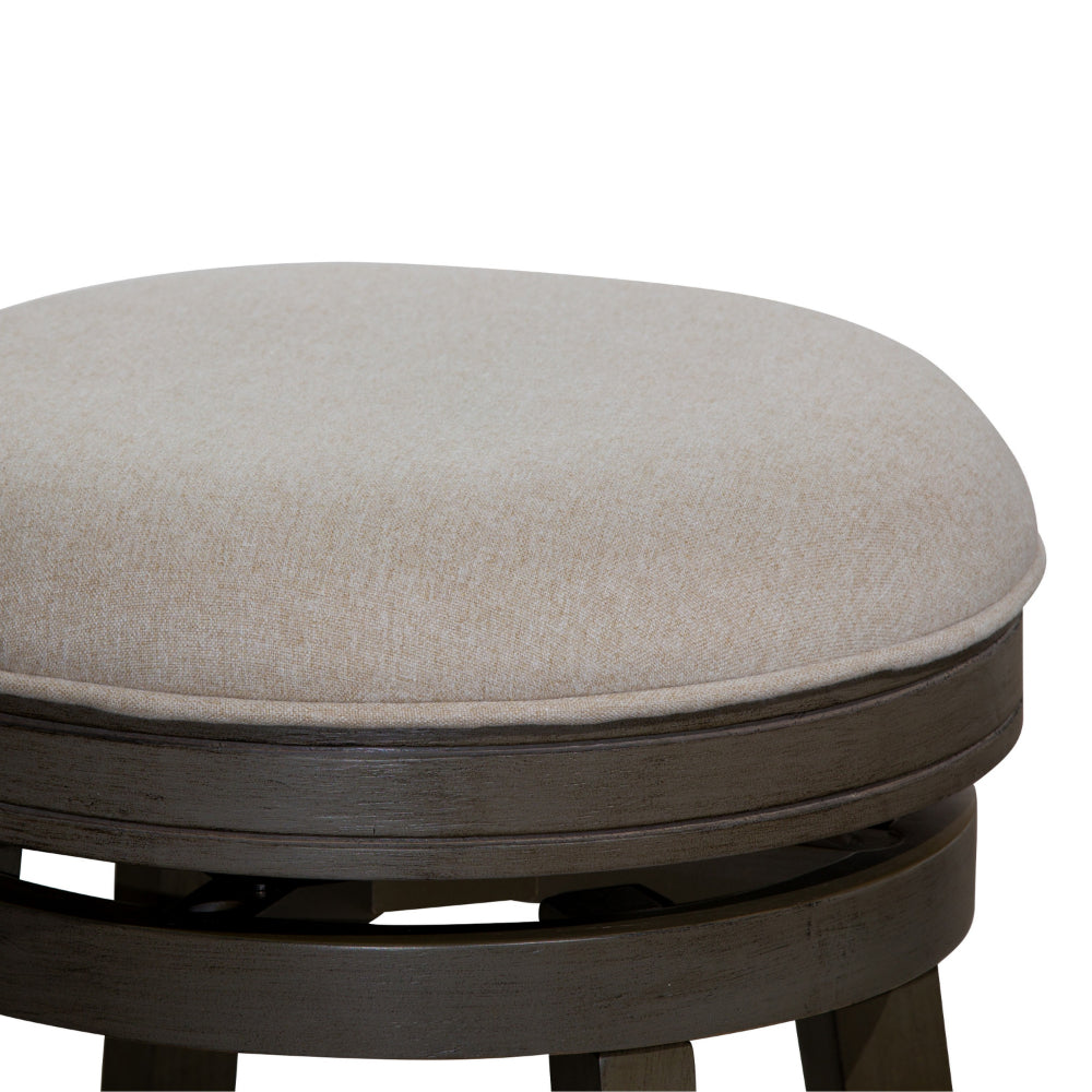 Benjara Opi 30 Inch Swivel Barstool, Round Cushioned Seat, Weathered Gray, Beige