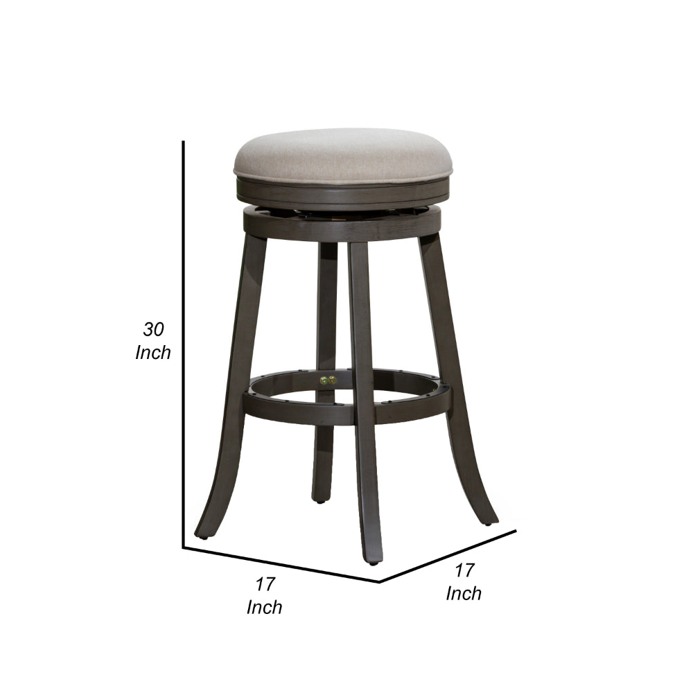 Benjara Opi 30 Inch Swivel Barstool, Round Cushioned Seat, Weathered Gray, Beige