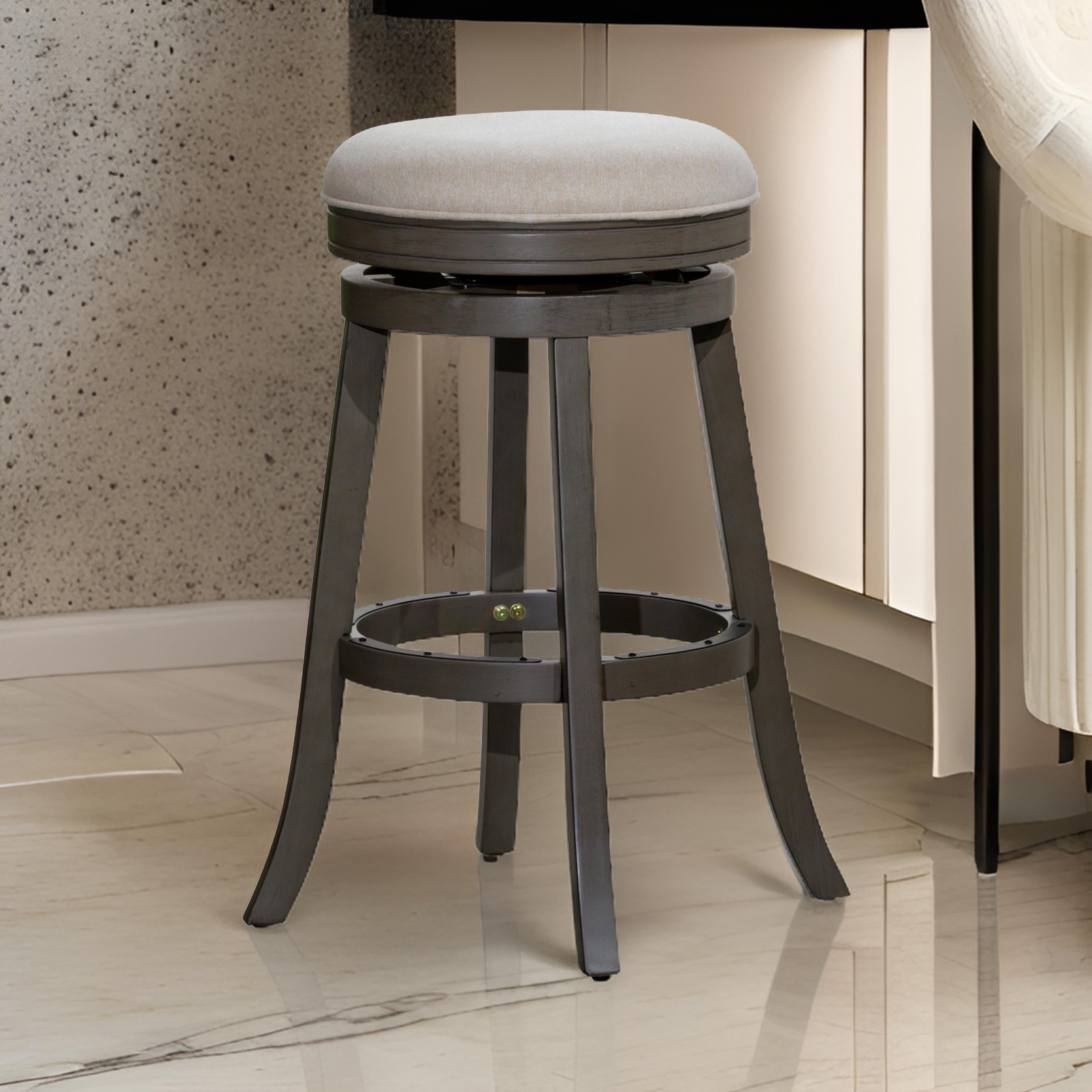 Benjara Opi 30 Inch Swivel Barstool, Round Cushioned Seat, Weathered Gray, Beige