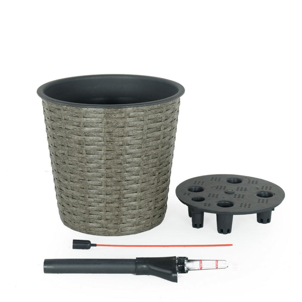 Benjara Wiki 10 Inch Self Watering Planter, Intricately Hand Woven Wicker, Gray
