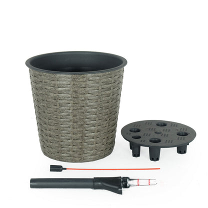 Benjara Wiki 10 Inch Self Watering Planter, Intricately Hand Woven Wicker, Gray