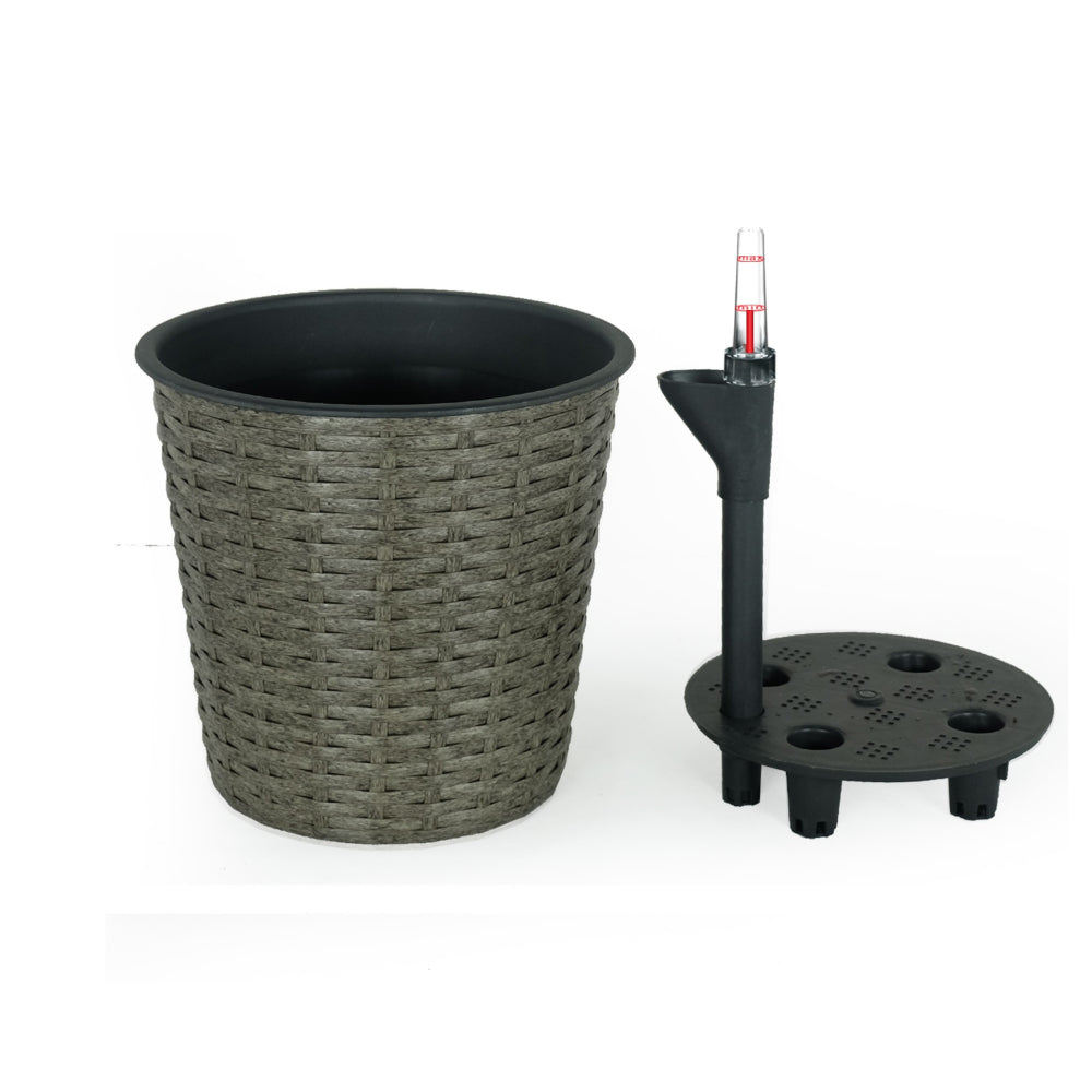 Benjara Wiki 10 Inch Self Watering Planter, Intricately Hand Woven Wicker, Gray