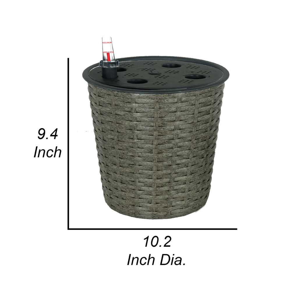 Benjara Wiki 10 Inch Self Watering Planter, Intricately Hand Woven Wicker, Gray