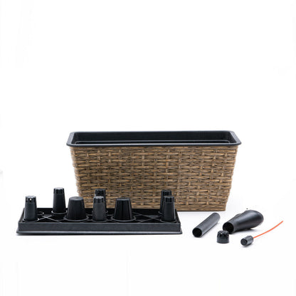 Benjara Wiki 23 Inch Self Watering Planter Set of 2, Hand Woven Wicker, Brown