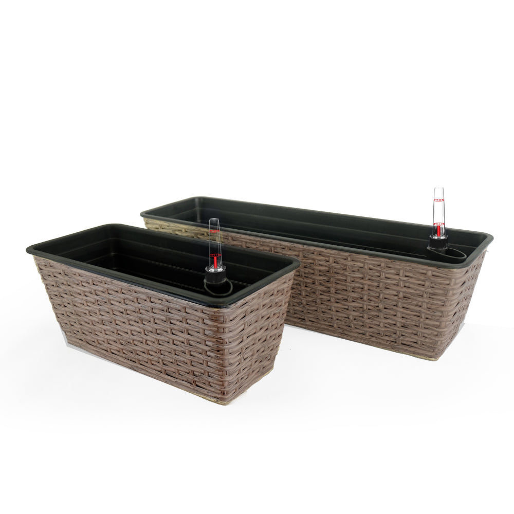 Benjara Wiki 23 Inch Self Watering Planter Set of 2, Hand Woven Wicker, Brown