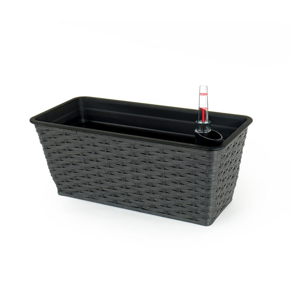 Benjara Wiki 23 Inch Self Watering Planter Set of 2, Woven Wicker, Espresso Brown