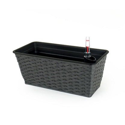 Benjara Wiki 23 Inch Self Watering Planter Set of 2, Woven Wicker, Espresso Brown