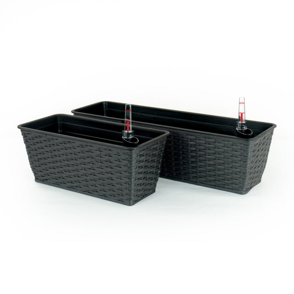 Benjara Wiki 23 Inch Self Watering Planter Set of 2, Woven Wicker, Espresso Brown