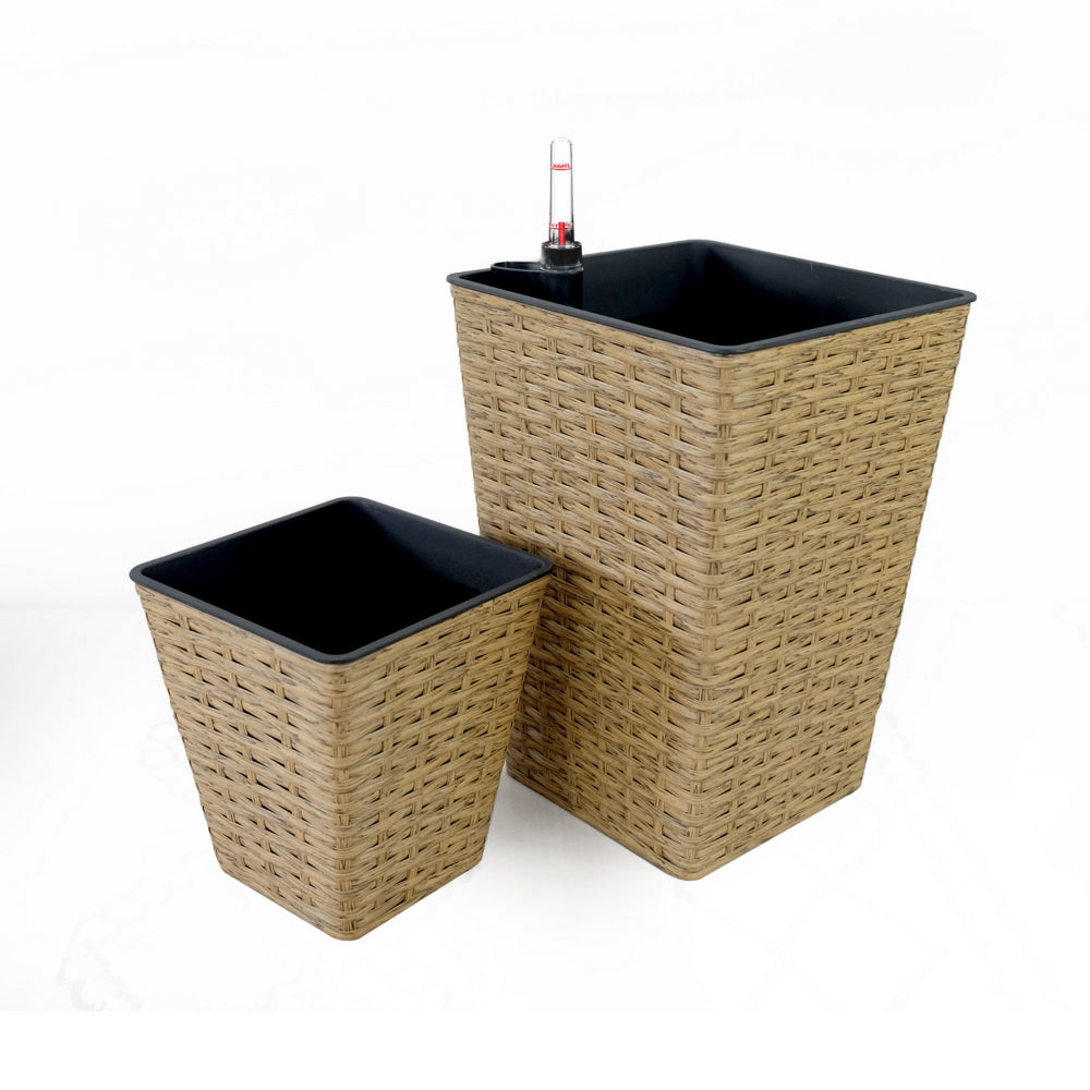 Benjara Aly 14 Inch Self Watering Planter Set of 2, Hand Woven Natural Brown Wicker