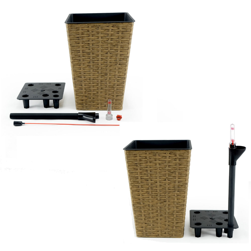 Benjara Aly 14 Inch Self Watering Planter Set of 2, Hand Woven Natural Brown Wicker