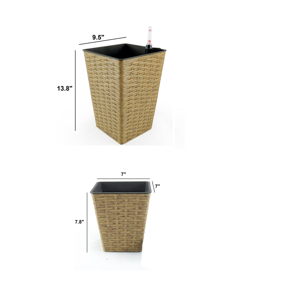 Benjara Aly 14 Inch Self Watering Planter Set of 2, Hand Woven Natural Brown Wicker
