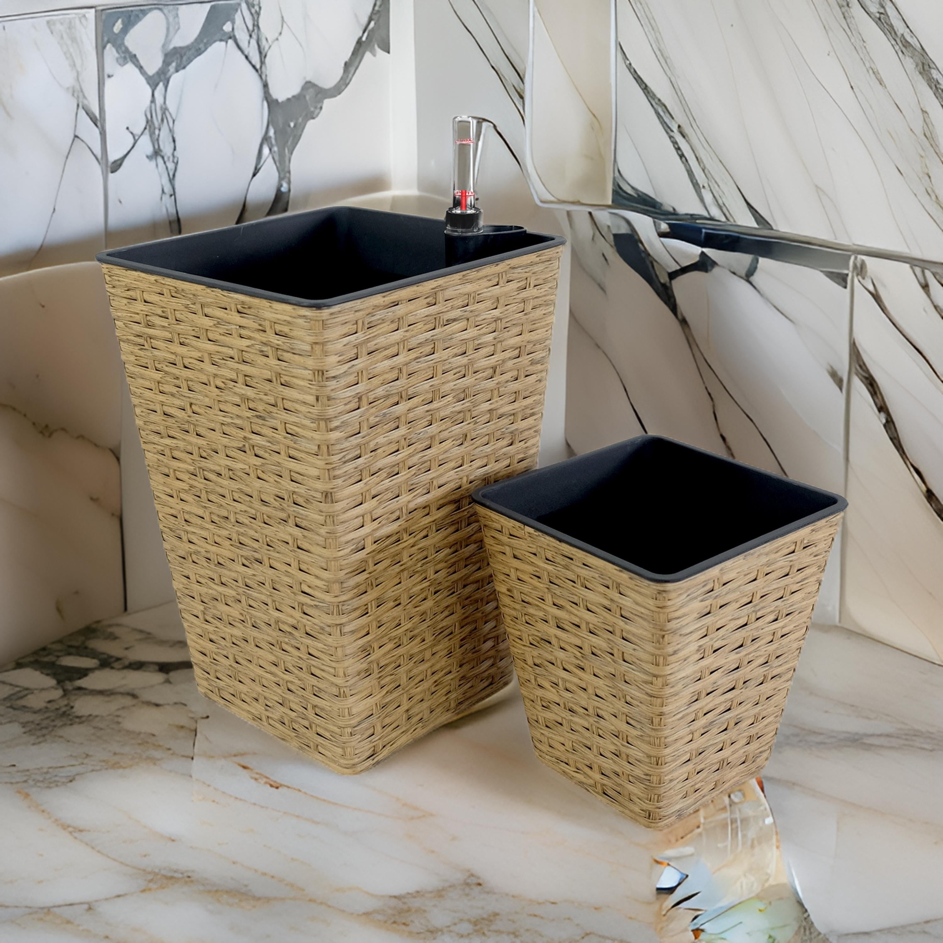 Benjara Aly 14 Inch Self Watering Planter Set of 2, Hand Woven Natural Brown Wicker