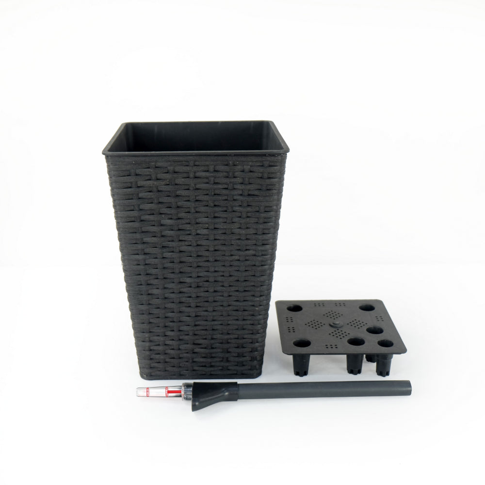 Benjara Aly 14 Inch Self Watering Planter Set of 2, Hand Woven Wicker, Brown